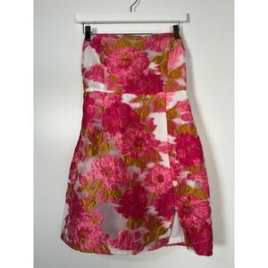 Billy J Pink Gold Floral Burnout Jacquard‎ Strapless Mini Wedding Guest Dress 10